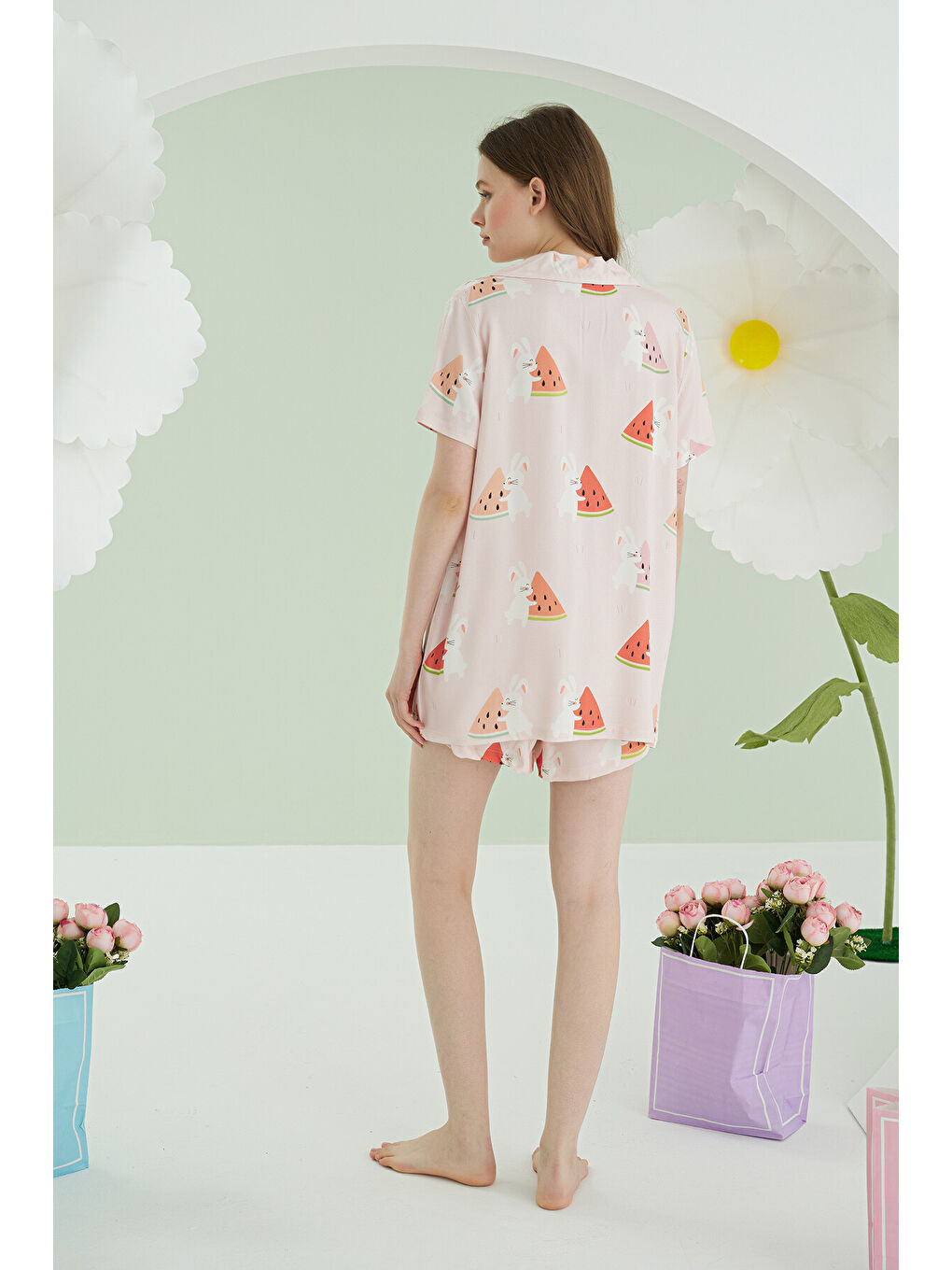 Pembe  Karpuz Önden Düğmeli Şortlu Pijama Takımı-3