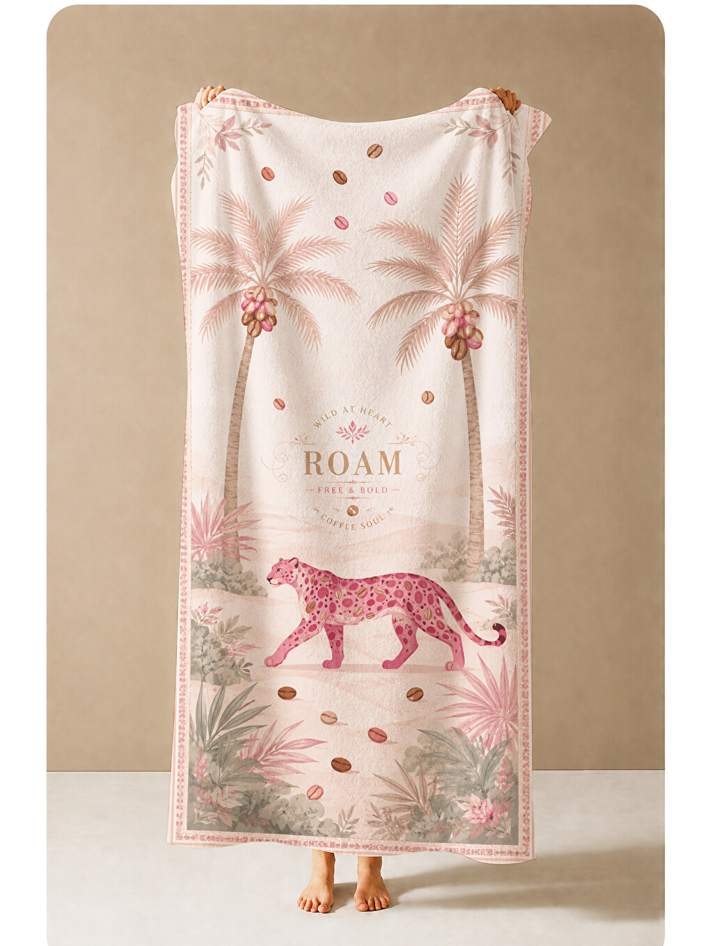 Yeşil Vintage Safari Leopar Palmiye Ve Roam Yazılı Desenli 70x150 Plaj Havlusu - Pamuklu Banyo Havlusu