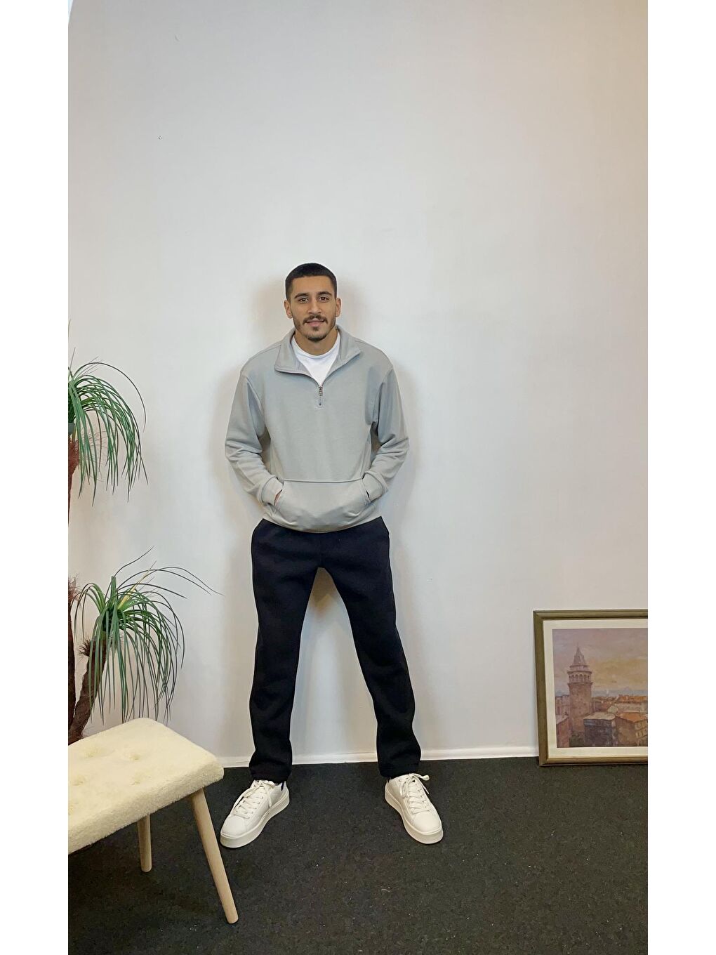 Gri Erkek 3 İplik Yarım Fermuarlı Kanguru Çepli Sweatshirt spr24sw22-1