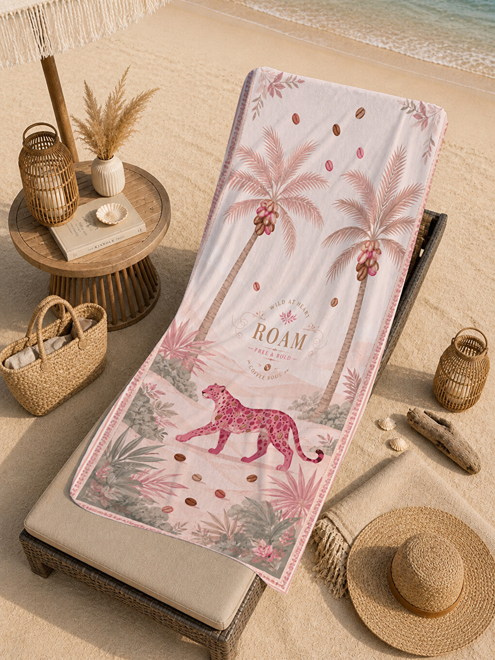 Yeşil Vintage Safari Leopar Palmiye Ve Roam Yazılı Desenli 70x150 Plaj Havlusu - Pamuklu Banyo Havlusu-1