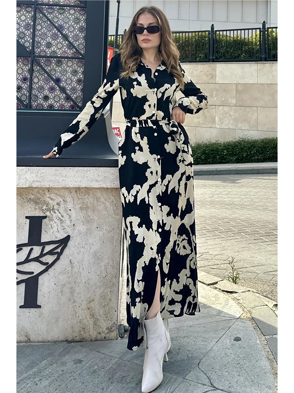 Siyah Desenli Uzun Gömlek Elbise