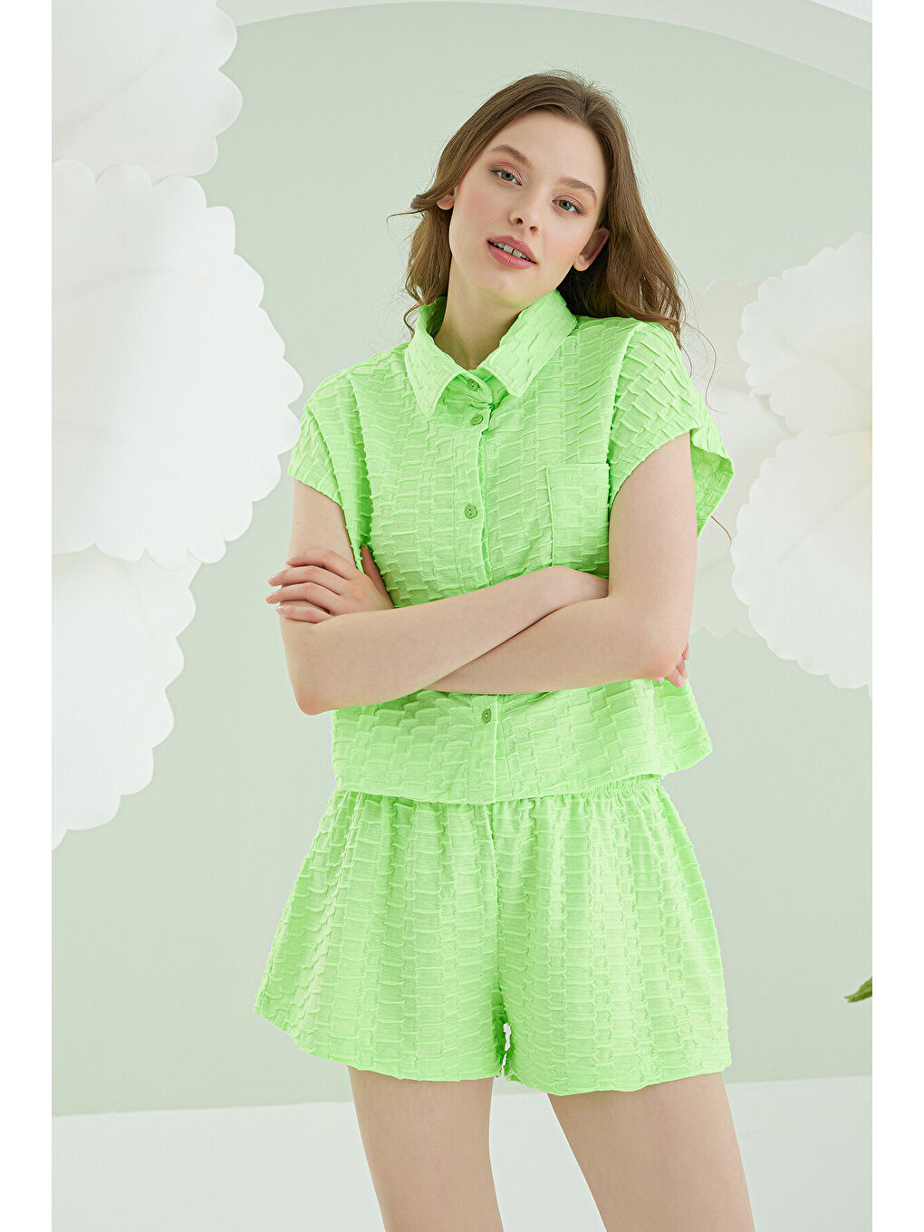 Yeşil Şortlu Önden Düğmeli Pijama Takım