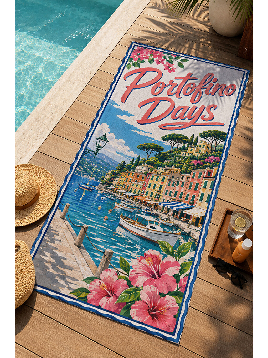 Mavi Vintage Akdeniz Paradise Days Posteri Desenli 70x150 Plaj Havlusu - Dijital Baskılı Banyo Havlusu-4