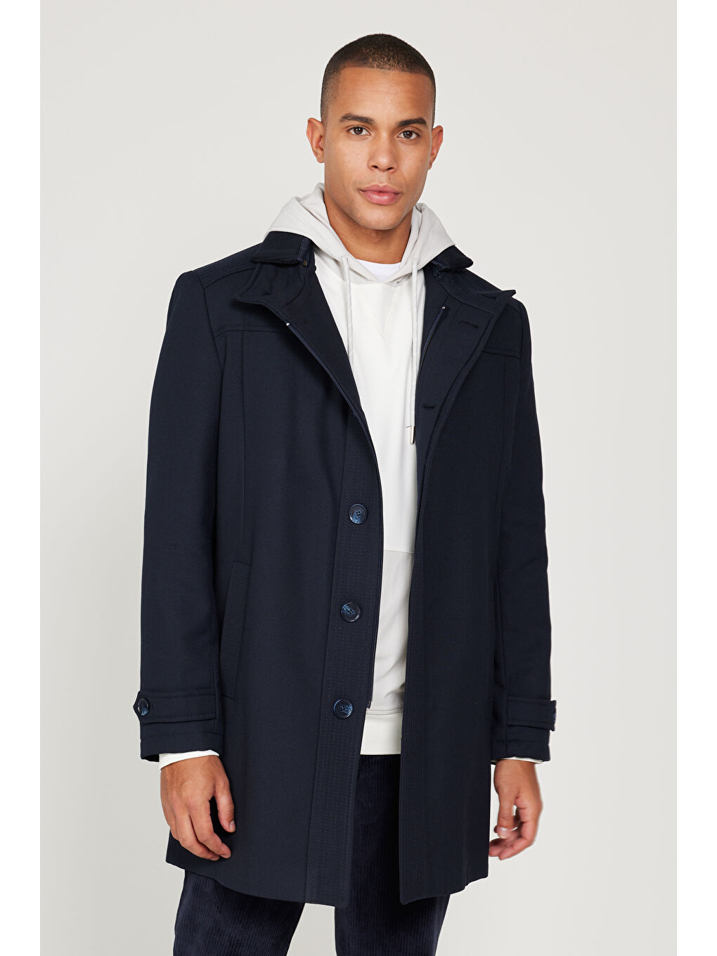 Erkek Lacivert Standart Fit Normal Kesim Dik Yaka Yünlü Desenli Kaban