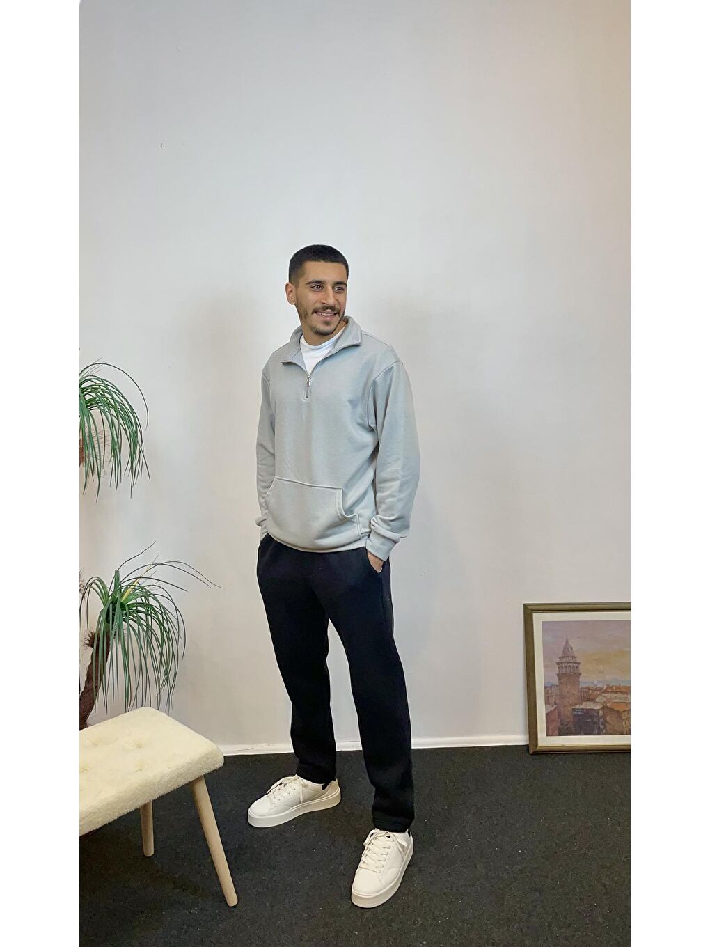 Gri Erkek 3 İplik Yarım Fermuarlı Kanguru Çepli Sweatshirt spr24sw22-2