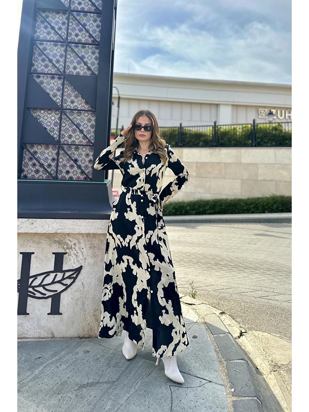 Siyah Desenli Uzun Gömlek Elbise-2