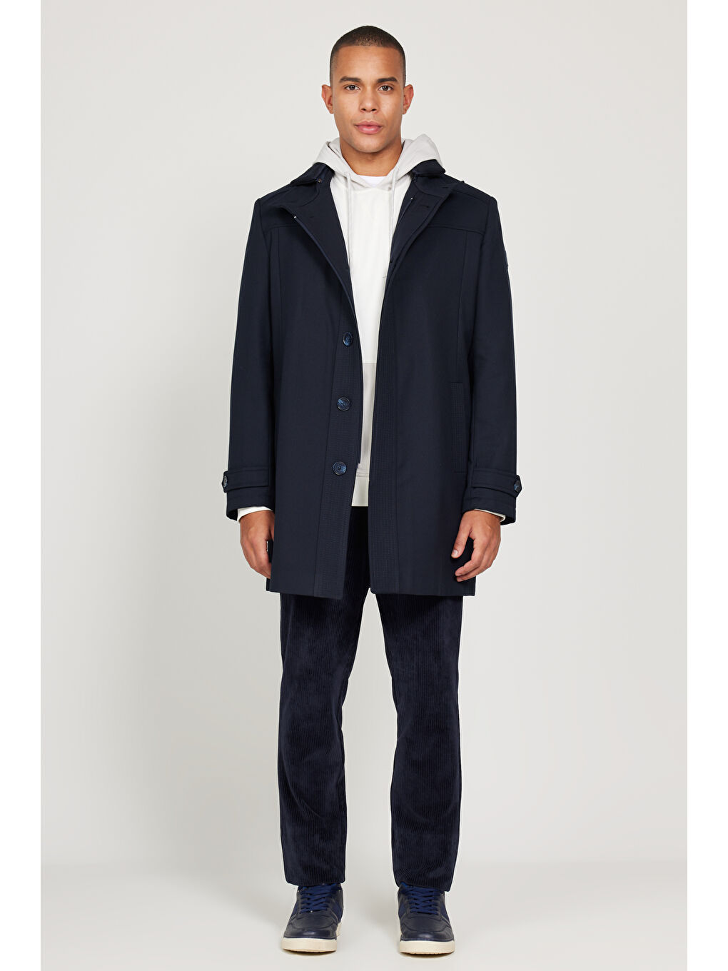 Erkek Lacivert Standart Fit Normal Kesim Dik Yaka Yünlü Desenli Kaban-1