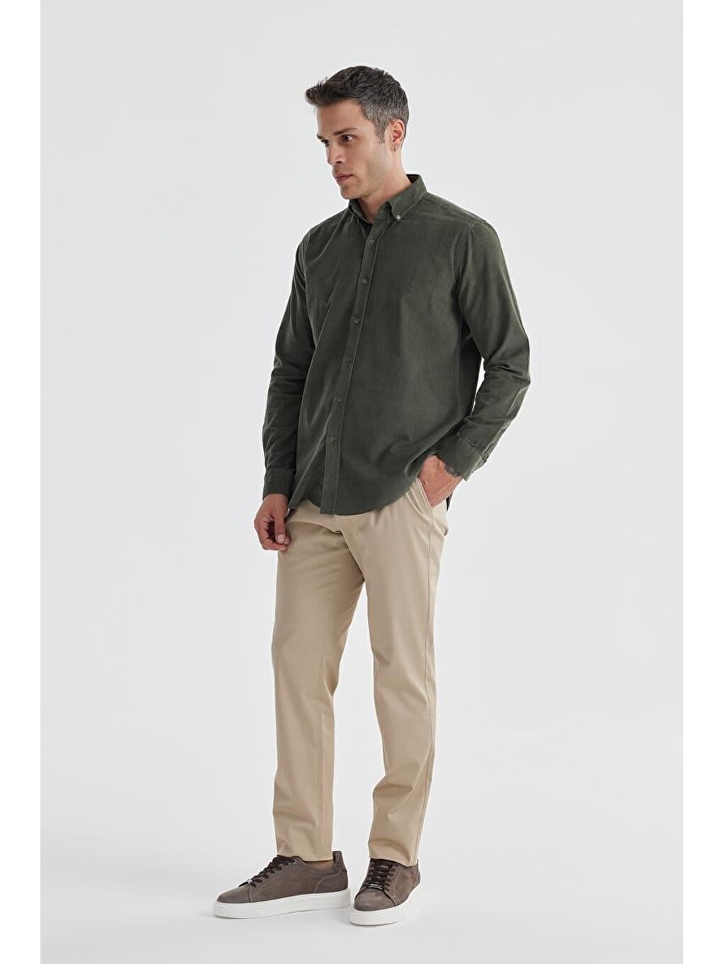 Yeşil Comfort Fit Düğmeli Yaka %100 Pamuklu Kadife Gömlek-1