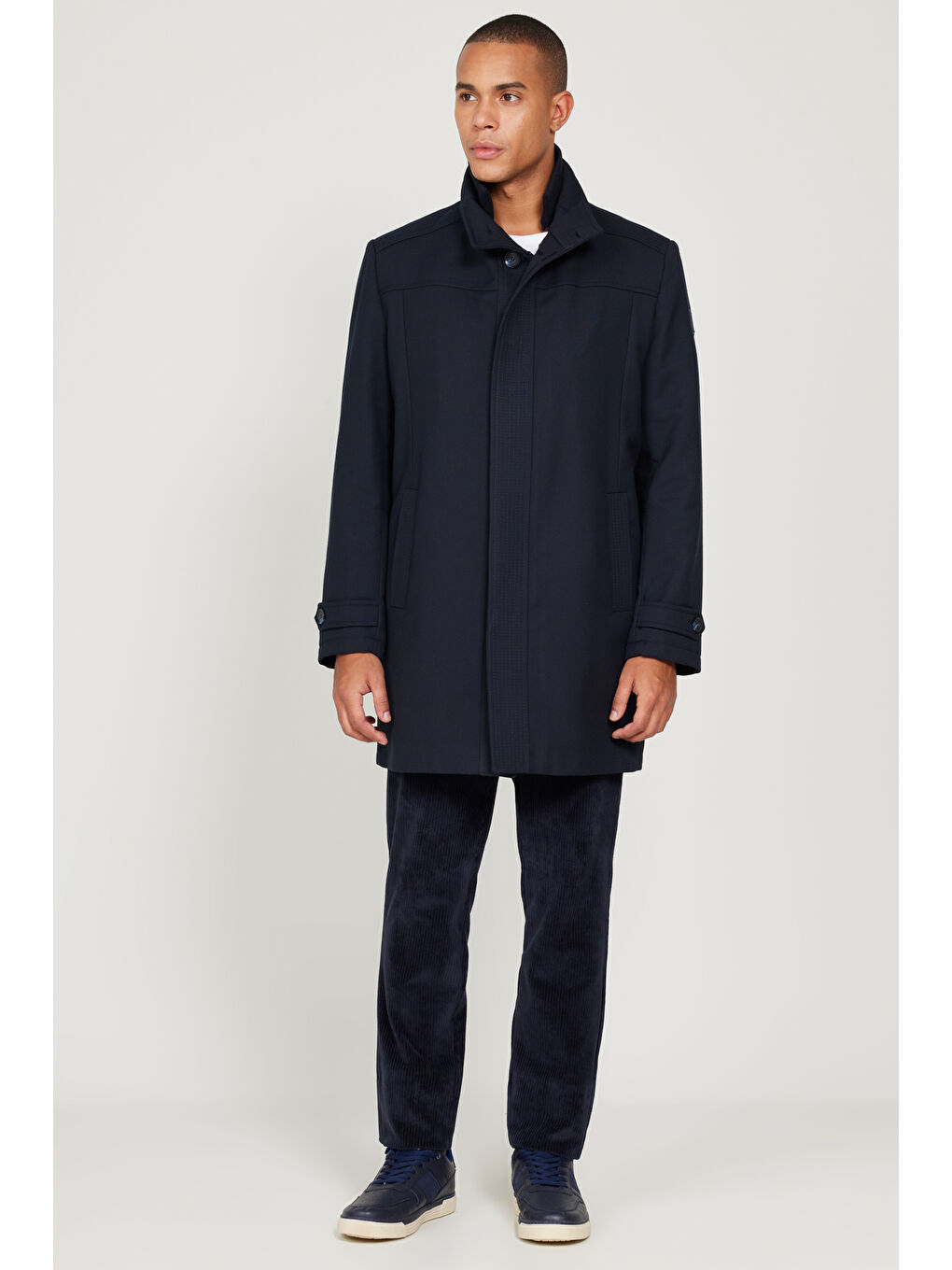 Erkek Lacivert Standart Fit Normal Kesim Dik Yaka Yünlü Desenli Kaban-3