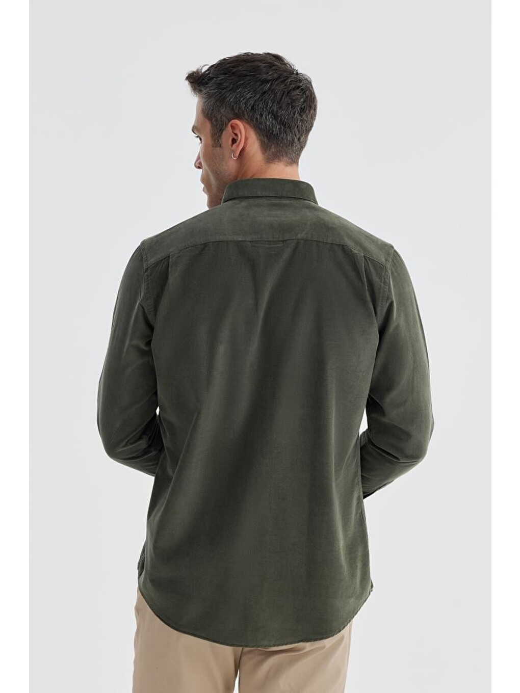 Yeşil Comfort Fit Düğmeli Yaka %100 Pamuklu Kadife Gömlek-3