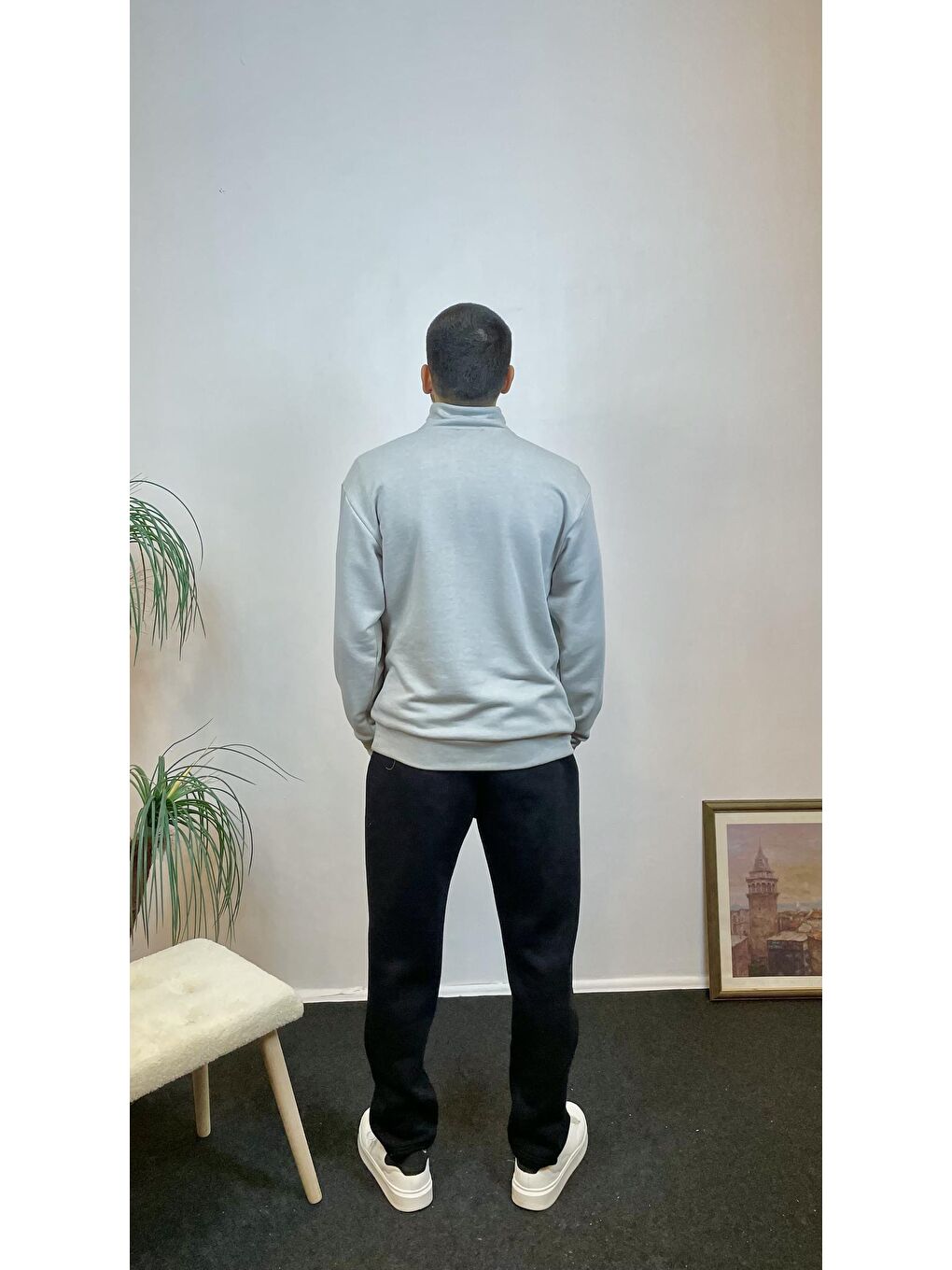 Gri Erkek 3 İplik Yarım Fermuarlı Kanguru Çepli Sweatshirt spr24sw22-3