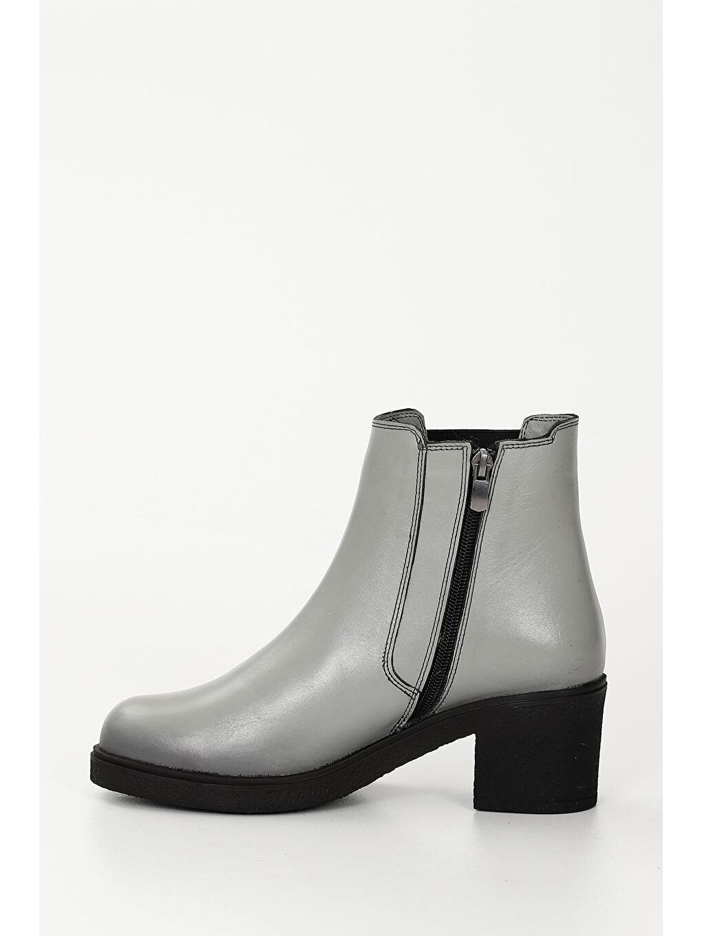Gri Kadın GRİ Fermuarlı Kalın Topuklu Hakiki Deri Chelsea Bot-4