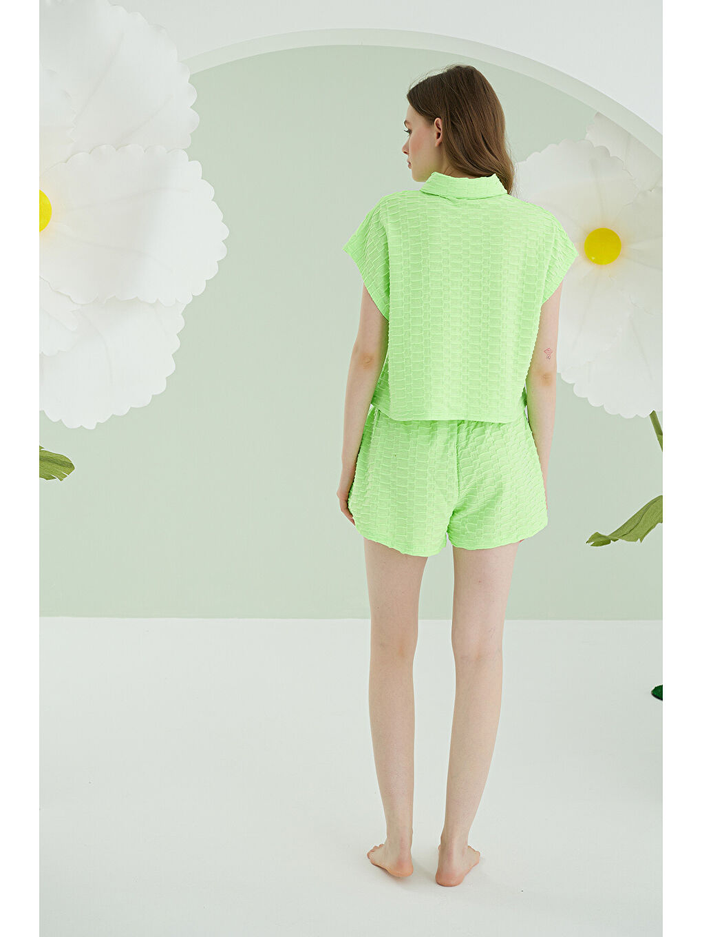 Yeşil Şortlu Önden Düğmeli Pijama Takım-3