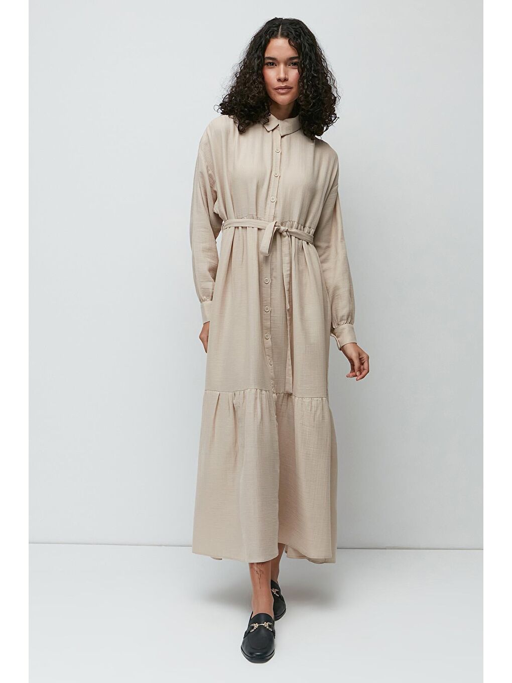 Organik Pamuk Müslin Uzun Kol Elbise 9128 Açık Bej