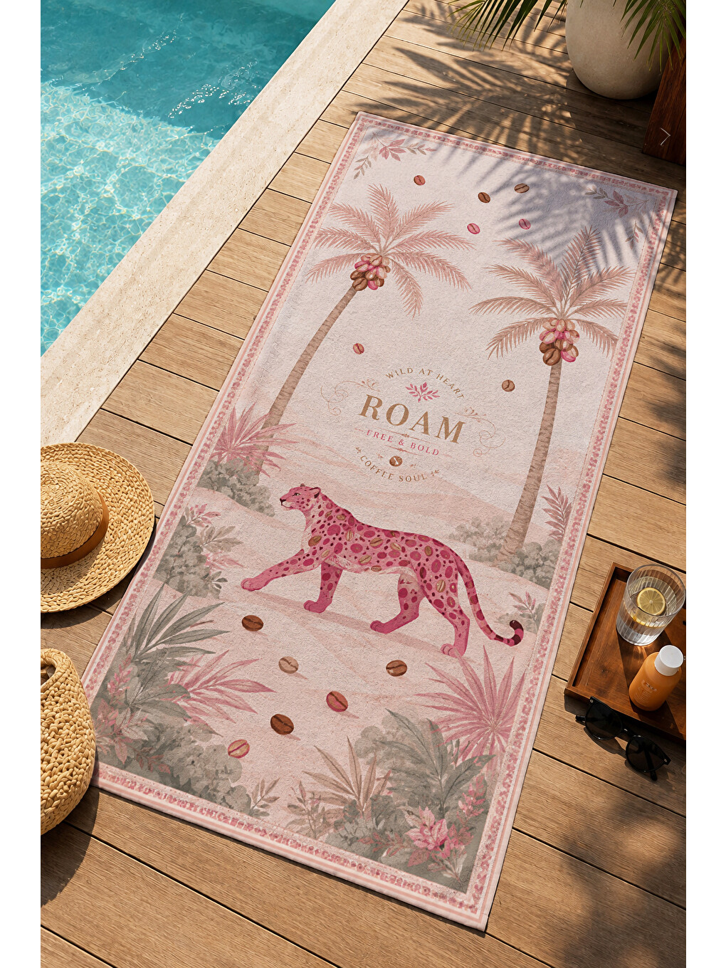 Yeşil Vintage Safari Leopar Palmiye Ve Roam Yazılı Desenli 70x150 Plaj Havlusu - Pamuklu Banyo Havlusu-3