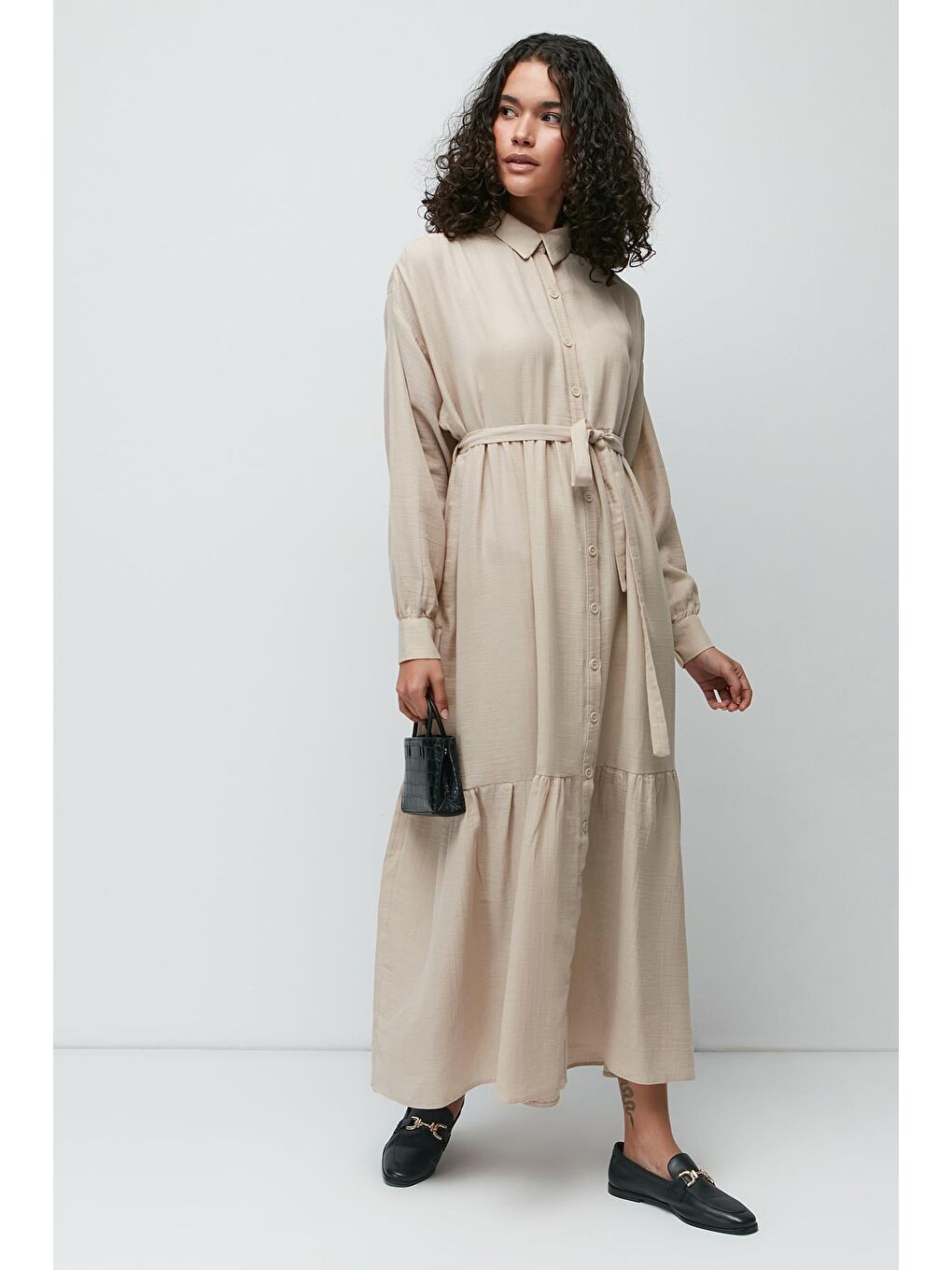 Organik Pamuk Müslin Uzun Kol Elbise 9128 Açık Bej-1