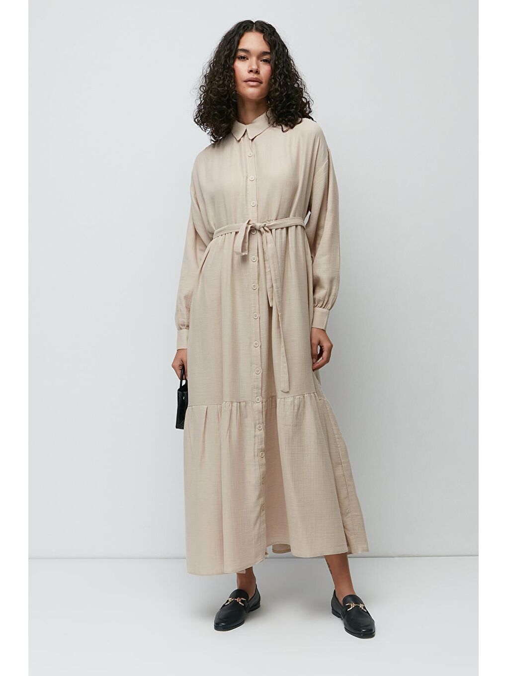 Organik Pamuk Müslin Uzun Kol Elbise 9128 Açık Bej-2