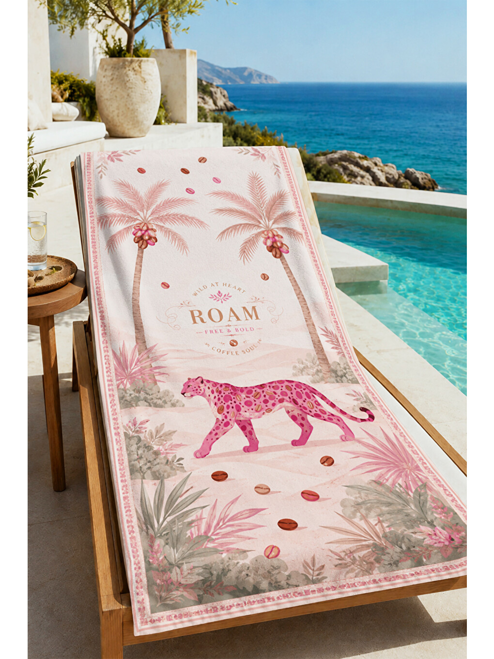 Yeşil Vintage Safari Leopar Palmiye Ve Roam Yazılı Desenli 70x150 Plaj Havlusu - Pamuklu Banyo Havlusu-4