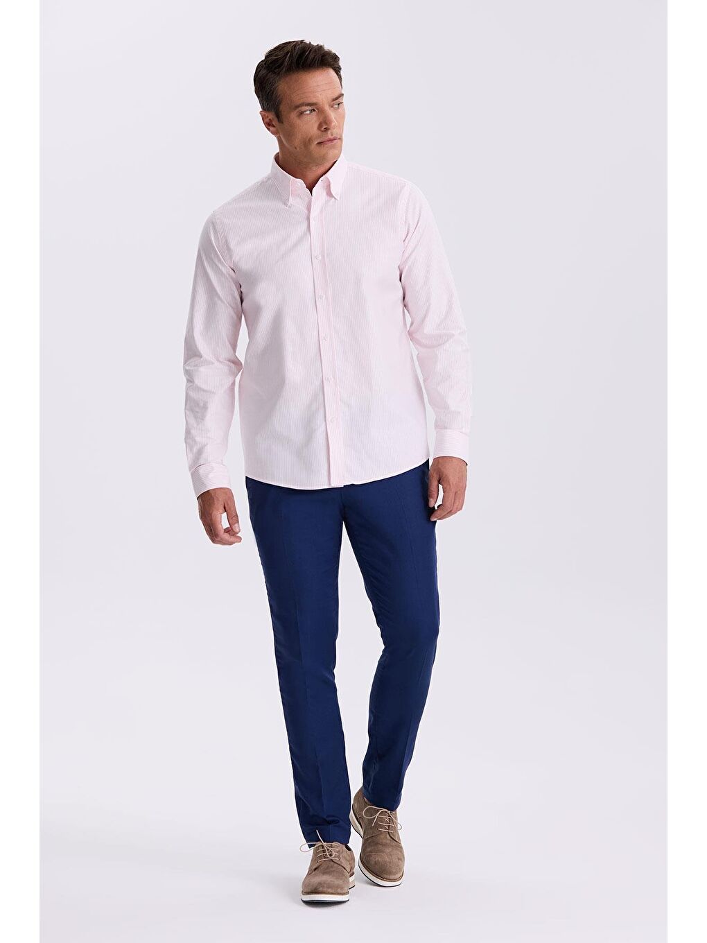 Pembe %100 Pamuk Düğmeli Yaka Comfort Fit Gömlek-1