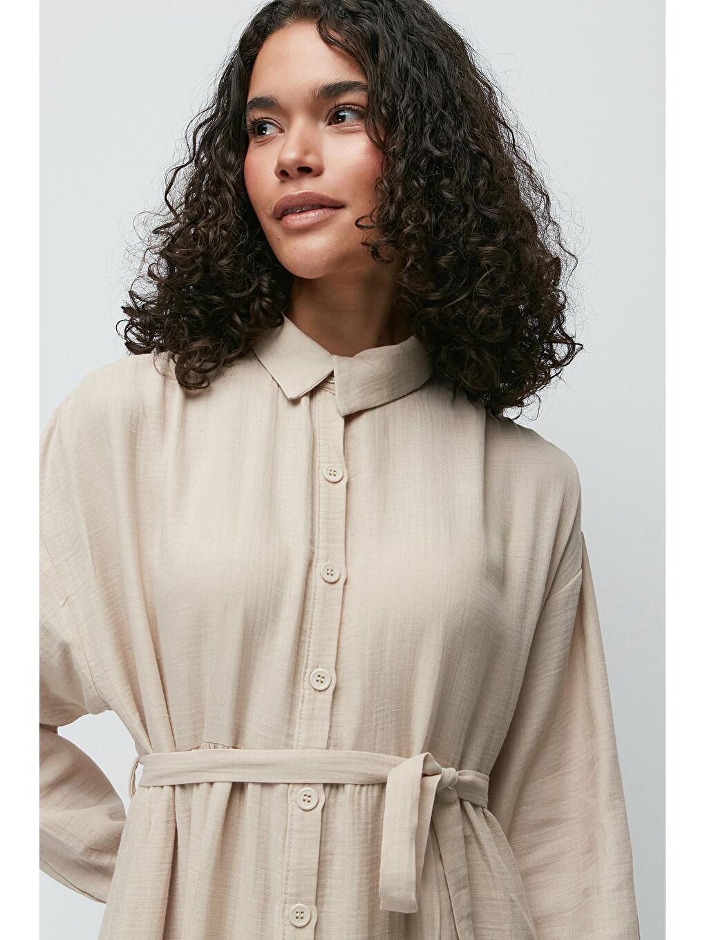 Organik Pamuk Müslin Uzun Kol Elbise 9128 Açık Bej-3