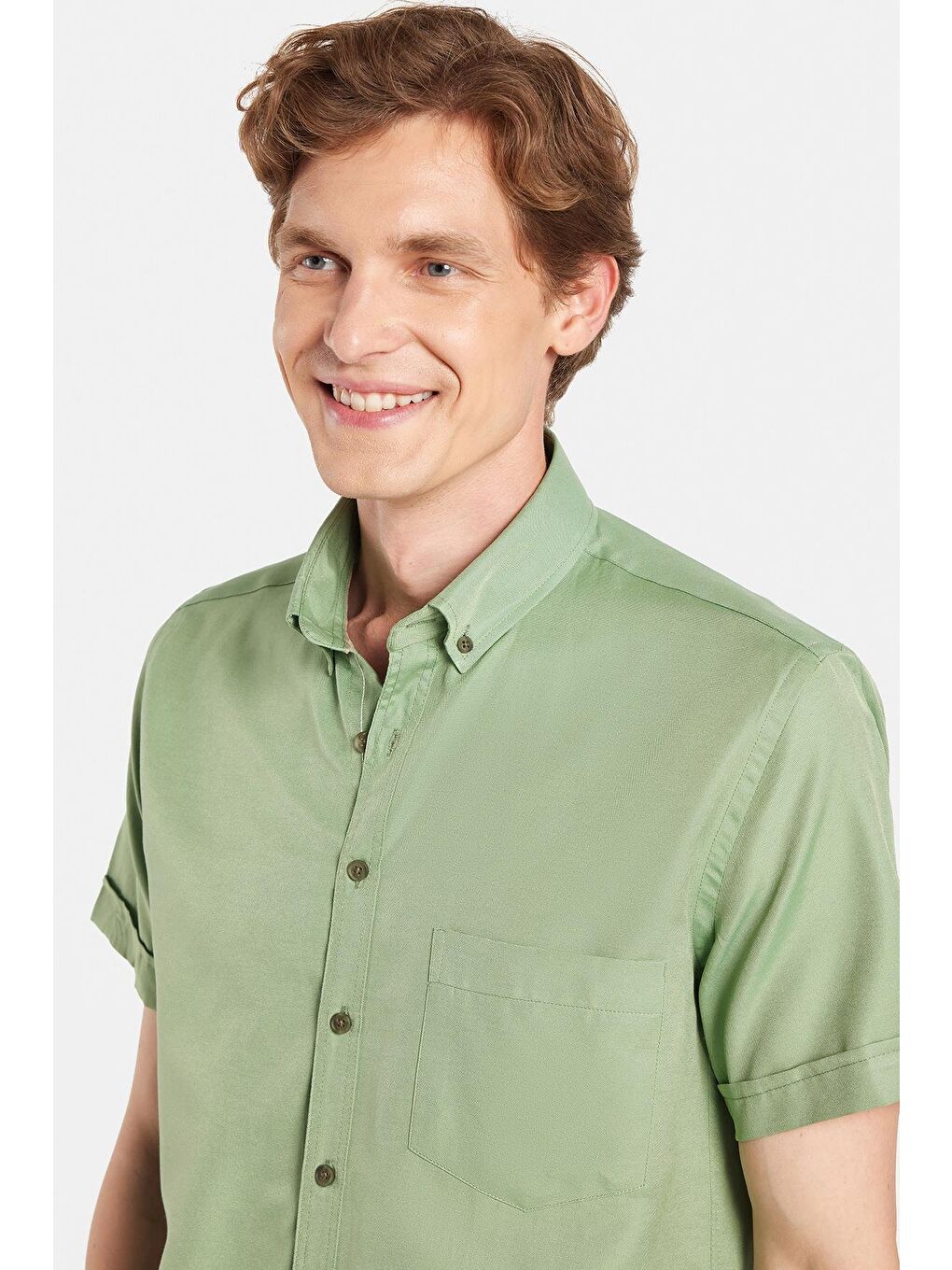 Erkek Klasik Regular Fit Rahat Kesim Düğmeli Spor Yaka Oxford Pamuklu Kısa Kol Yeşil Gömlek