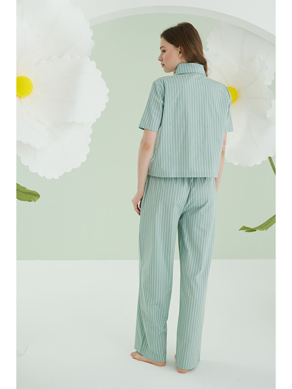 Yeşil Kurdele Önden Düğmeli Pijama Takım-2