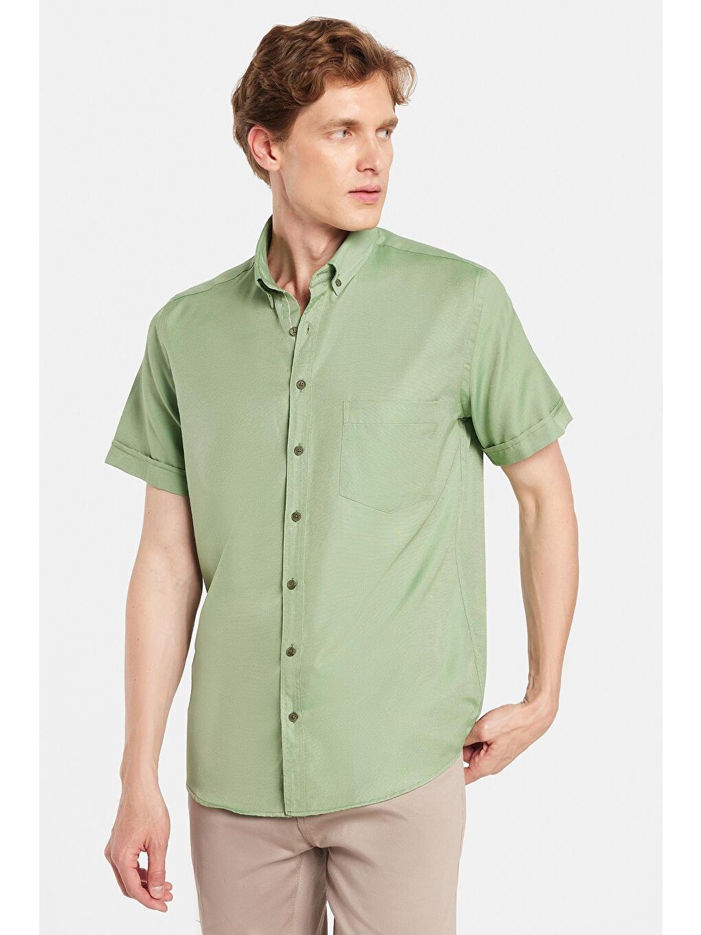 Erkek Klasik Regular Fit Rahat Kesim Düğmeli Spor Yaka Oxford Pamuklu Kısa Kol Yeşil Gömlek-1