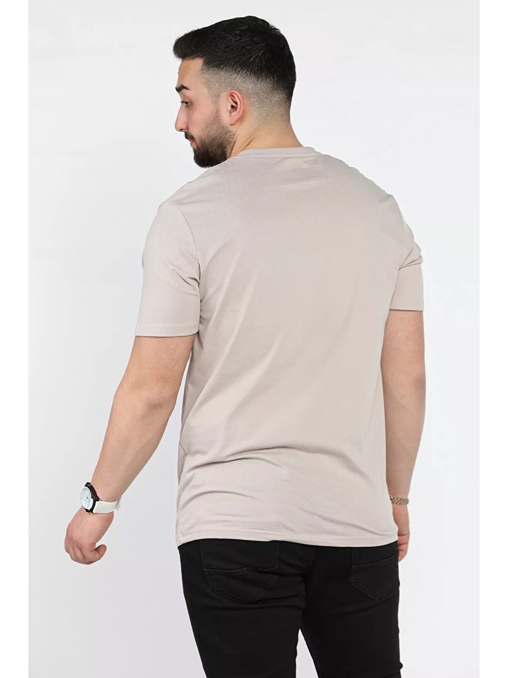 Bej Baskılı Erkek Tişört-2
