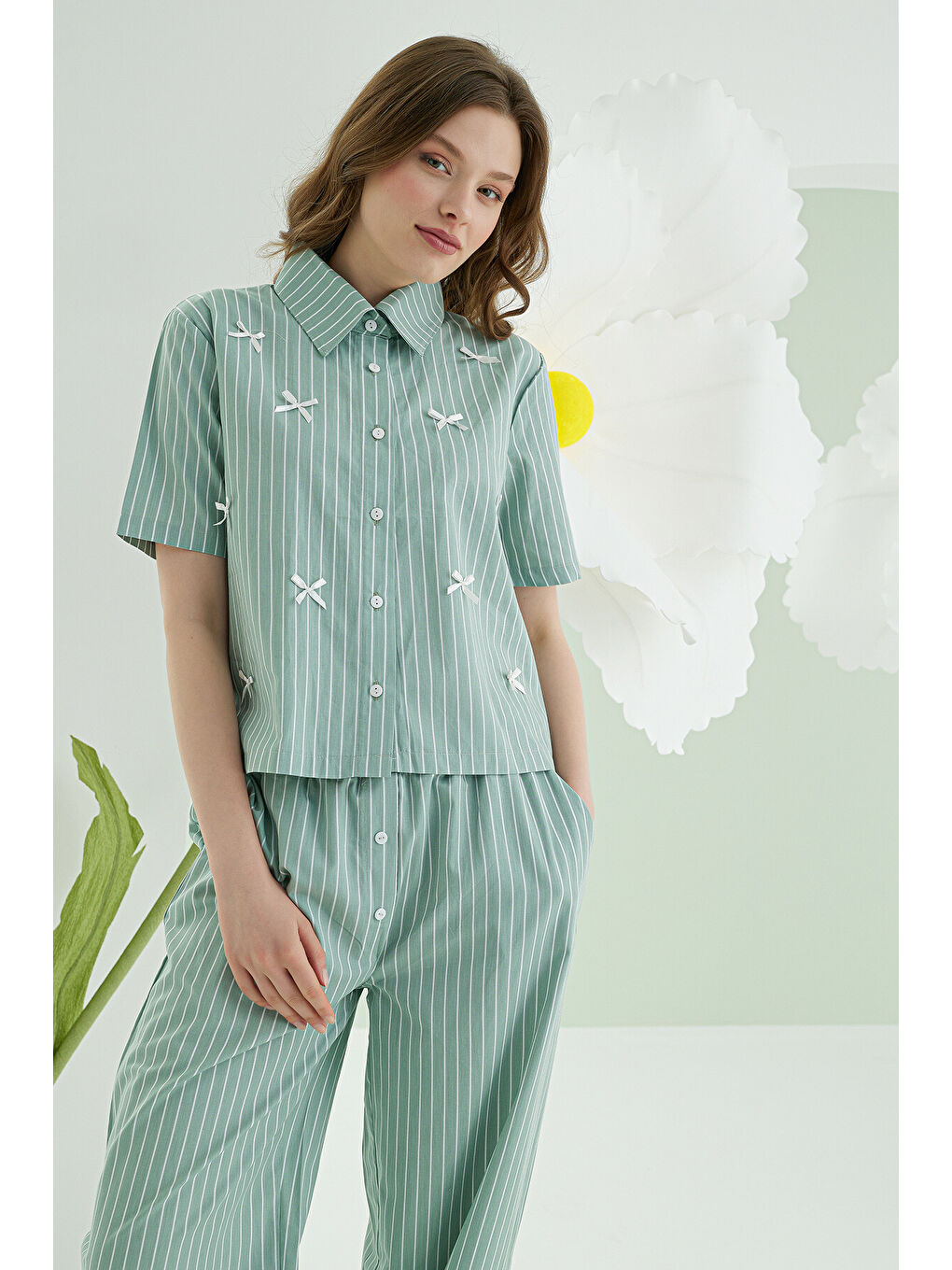 Yeşil Kurdele Önden Düğmeli Pijama Takım-3