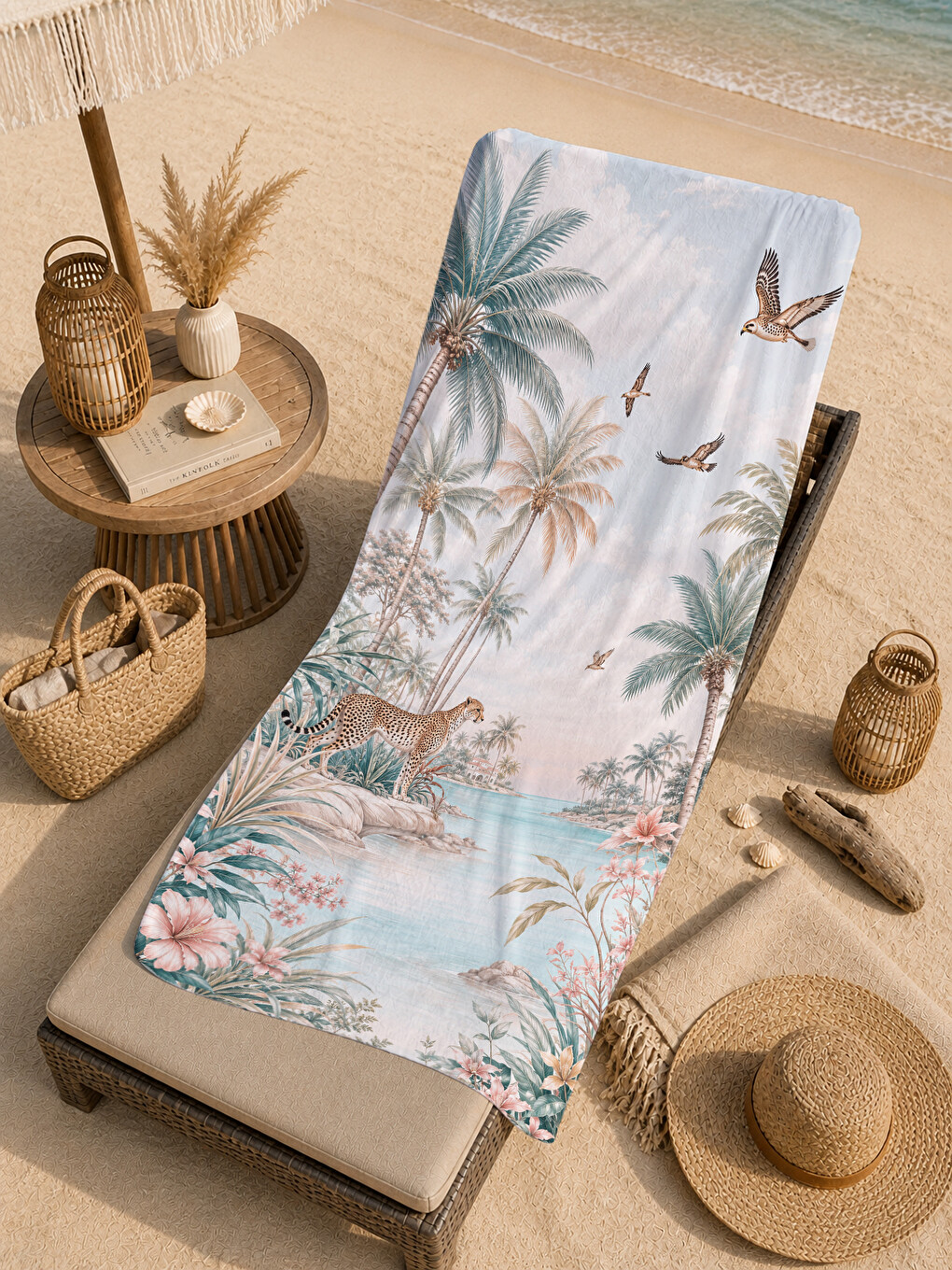 Yeşil Chinoiserie Egzotik Kuş Palmiye Desenli 70x150 Plaj Havlusu - Dijital Baskılı Banyo Havlusu