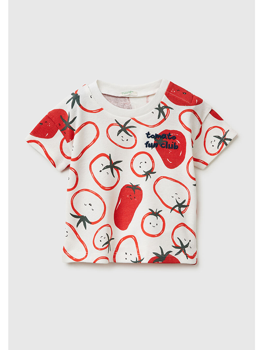 Ekru Bebek Krem Omzu Gizli Çıtçıtlı Domates Desenli Yuvarlak Yaka T-Shirt