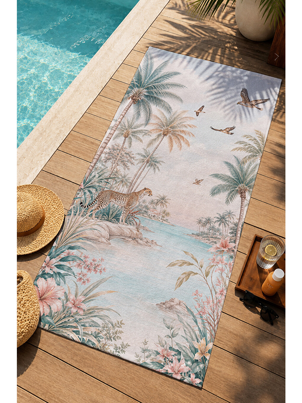 Yeşil Chinoiserie Egzotik Kuş Palmiye Desenli 70x150 Plaj Havlusu - Dijital Baskılı Banyo Havlusu-1