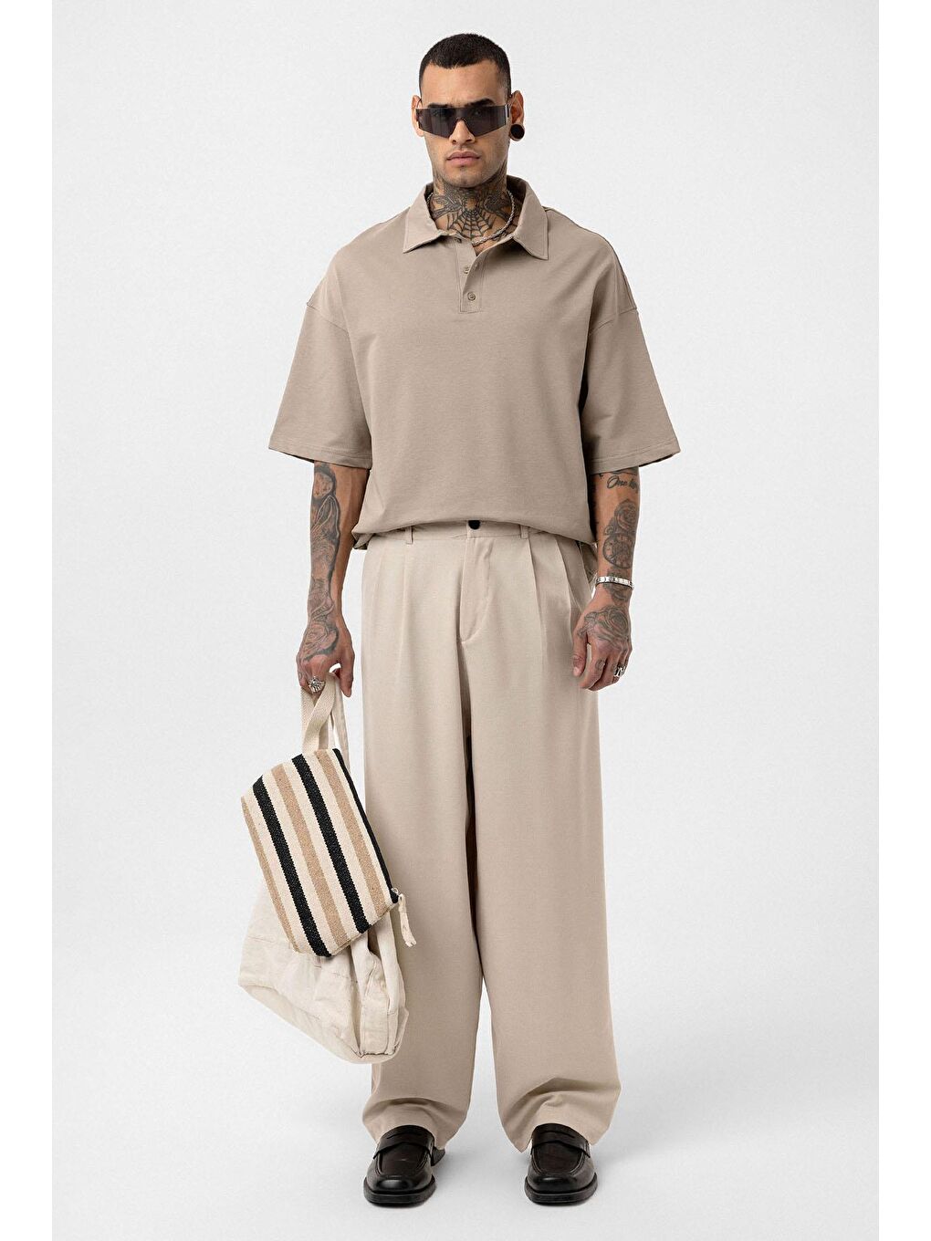 Bej Basic Polo Yaka Oversize Tişört Vizon