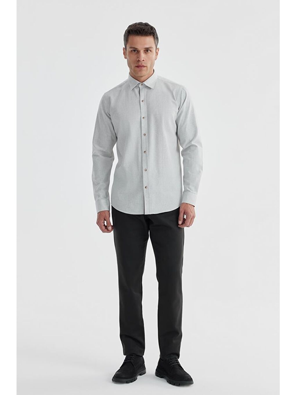 Gri Comfort Fit Gizli Düğmeli Yaka Gömlek