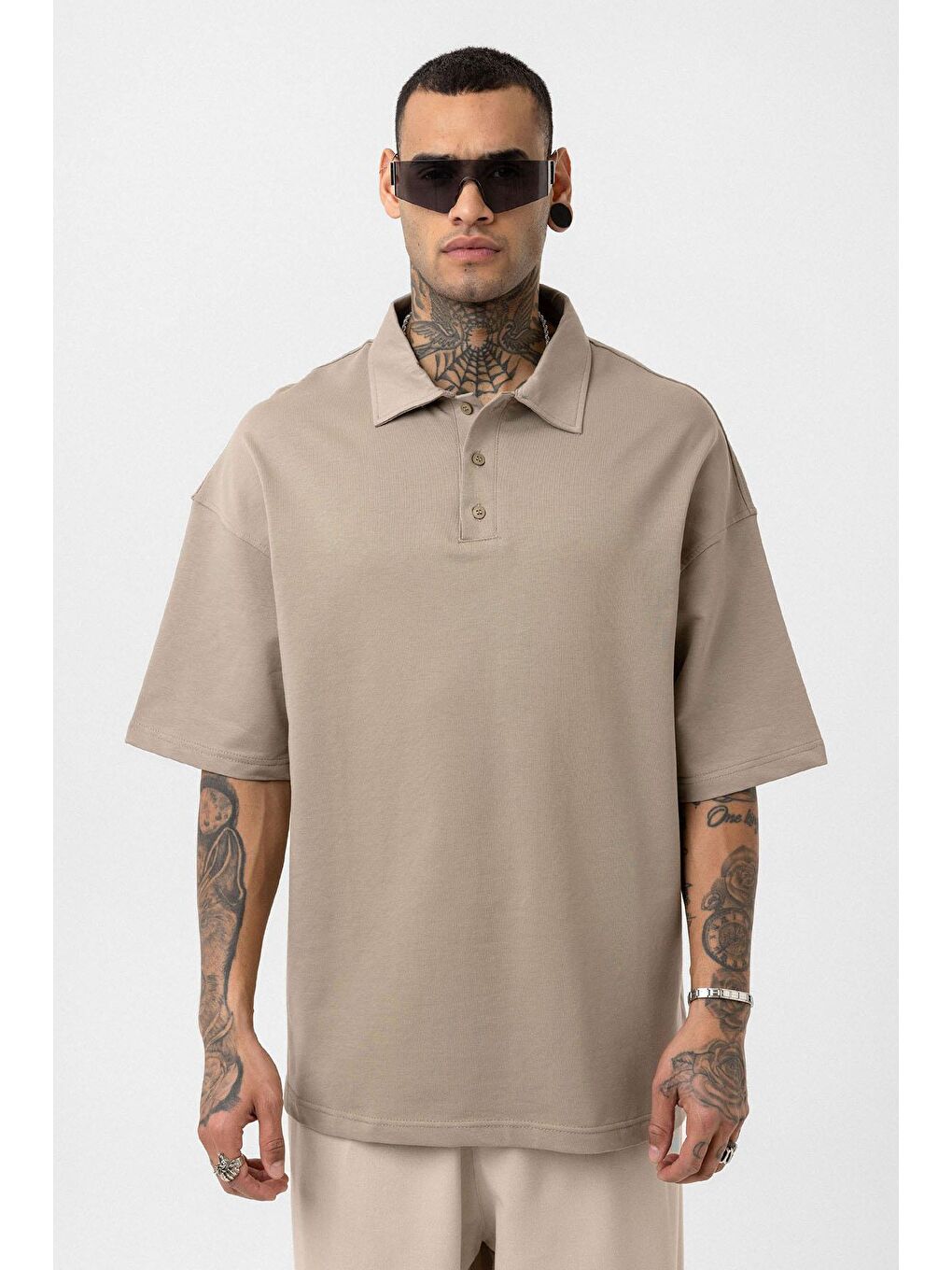 Bej Basic Polo Yaka Oversize Tişört Vizon-2