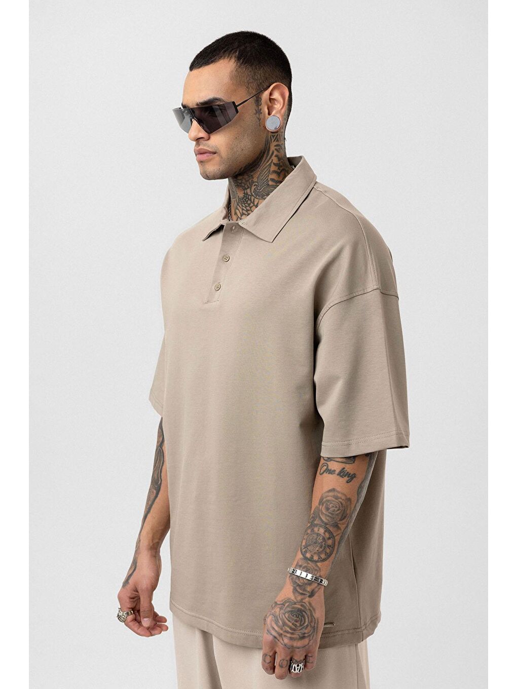 Bej Basic Polo Yaka Oversize Tişört Vizon-3