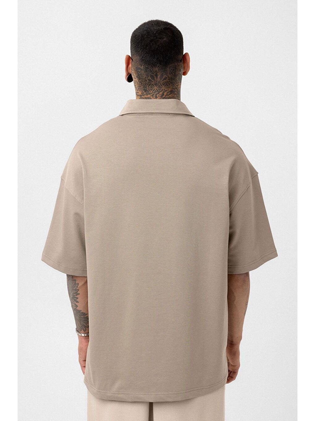 Bej Basic Polo Yaka Oversize Tişört Vizon-4