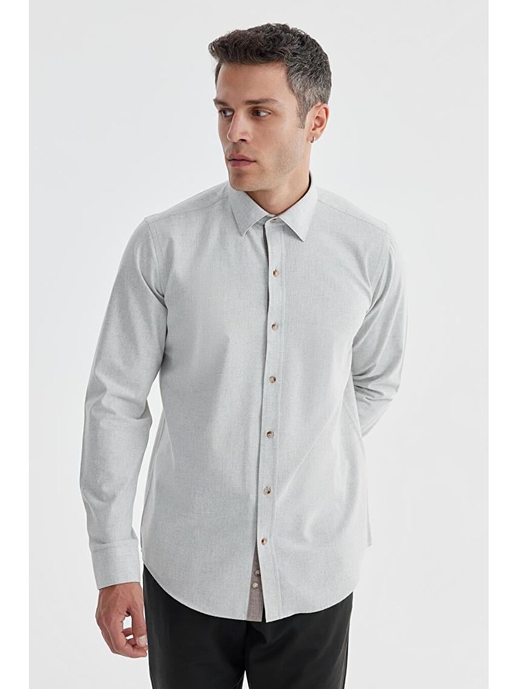 Gri Comfort Fit Gizli Düğmeli Yaka Gömlek-1