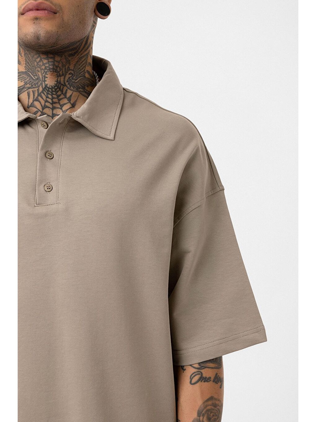 Bej Basic Polo Yaka Oversize Tişört Vizon-5