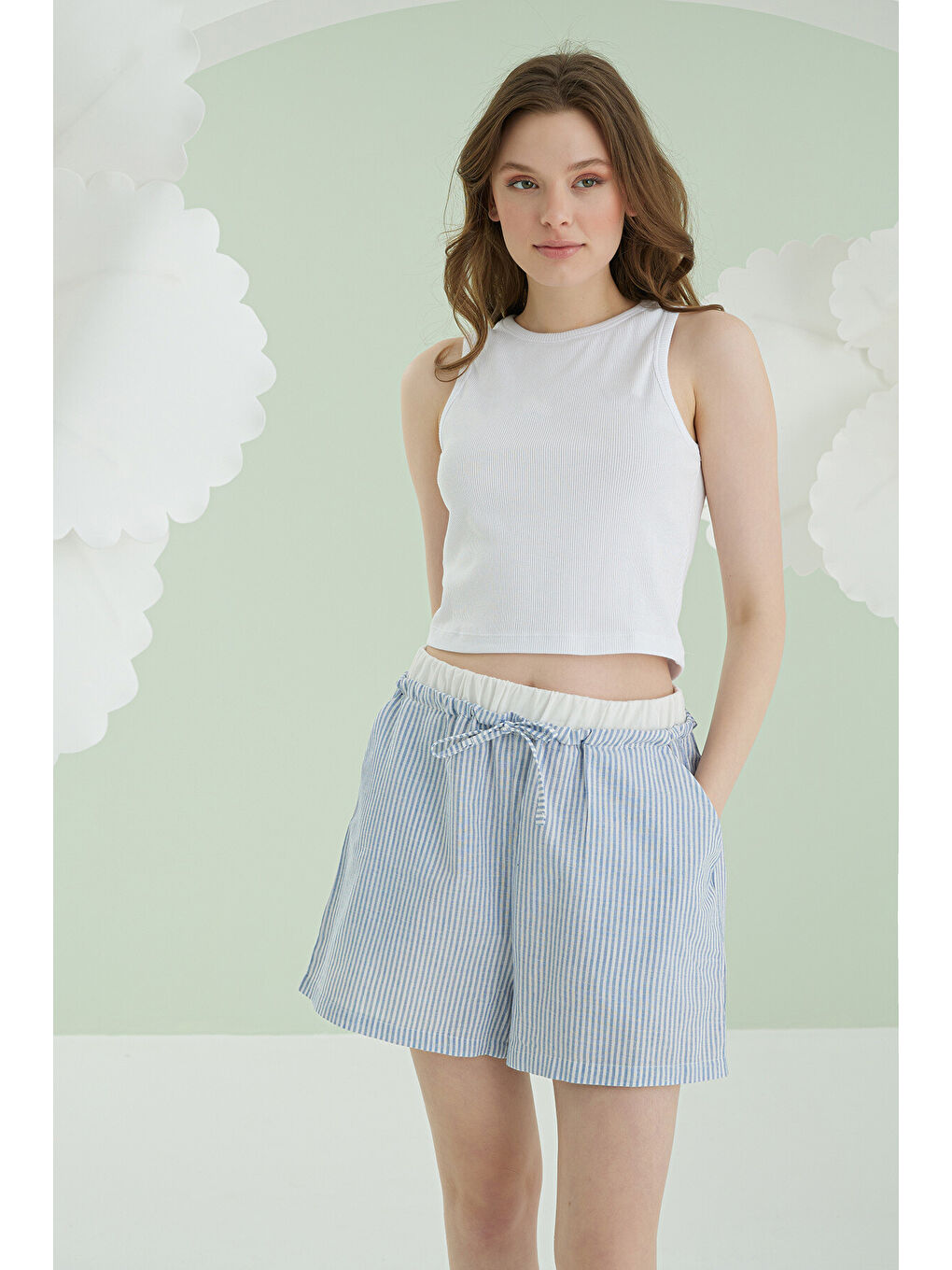 Mavi Kurdele Crop Şort Takım-1