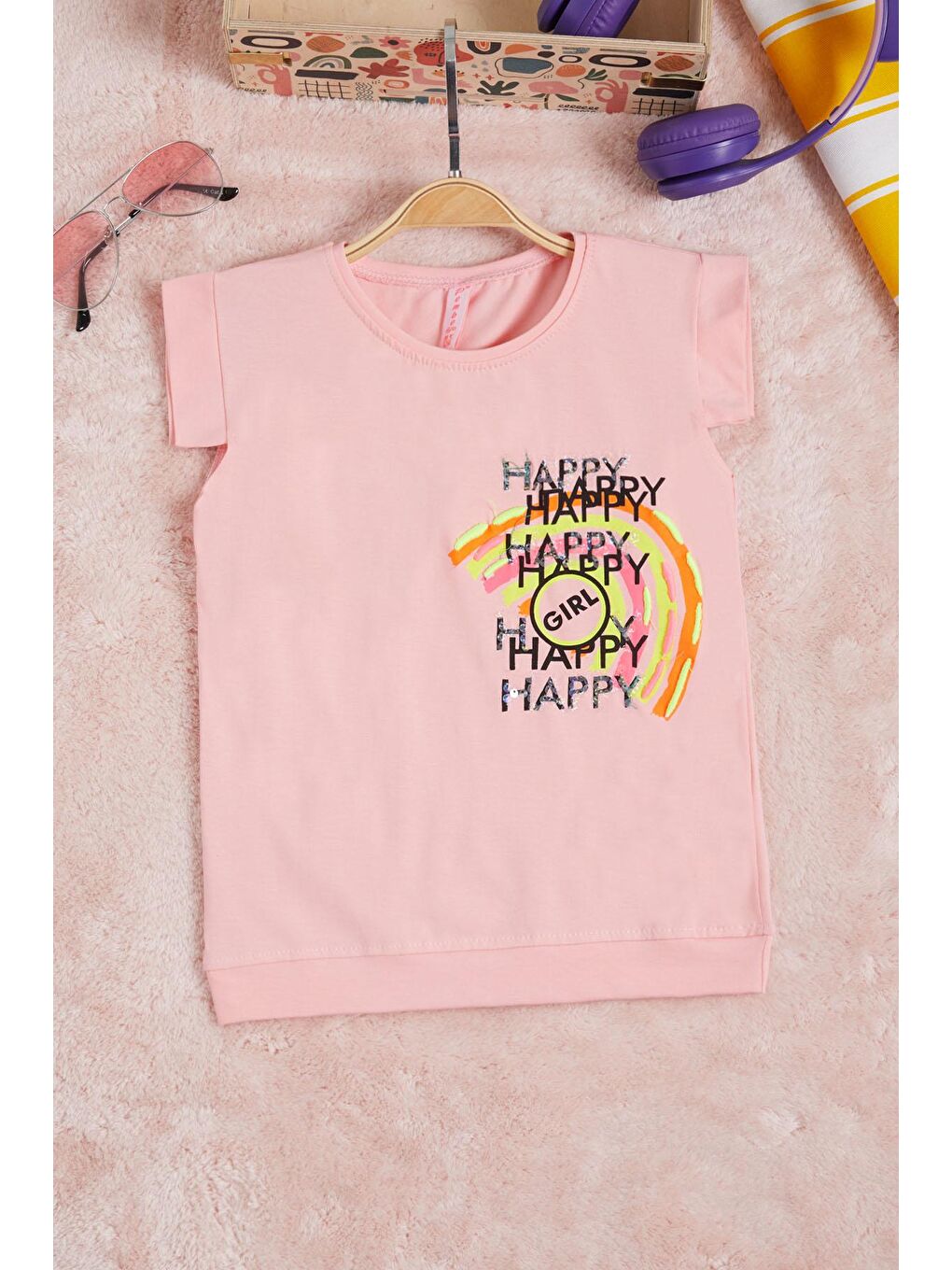Pembe  Nakışlı Kız Çocuk Tişört 15566