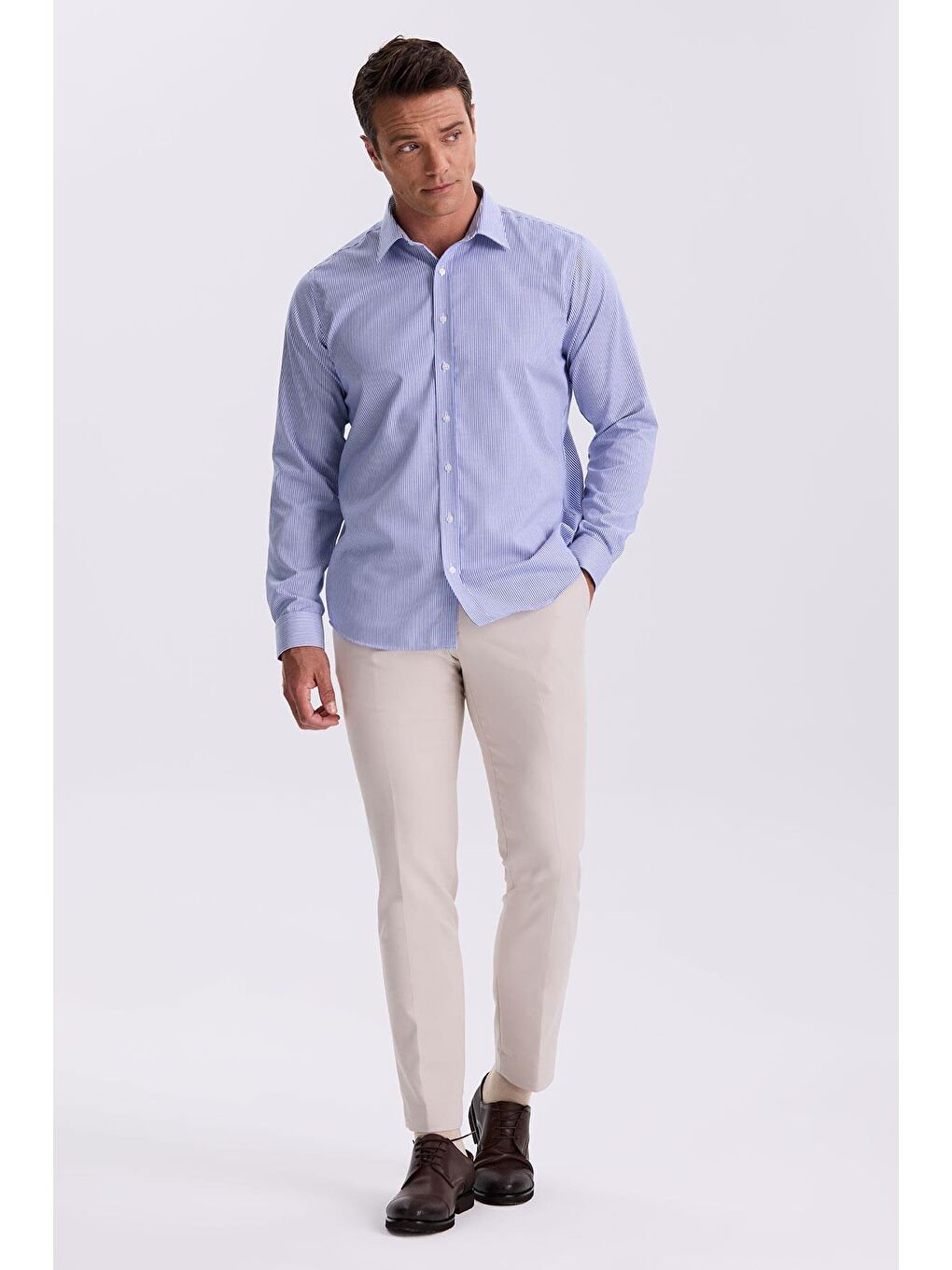 Lacivert Comfort Fit Ütü Gerektirmeyen %100 Pamuk Çizgili Non İron Gömlek-1