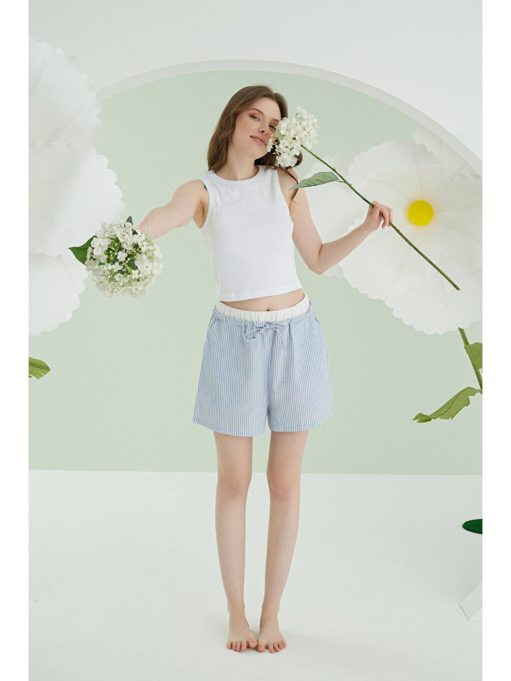 Mavi Kurdele Crop Şort Takım-3