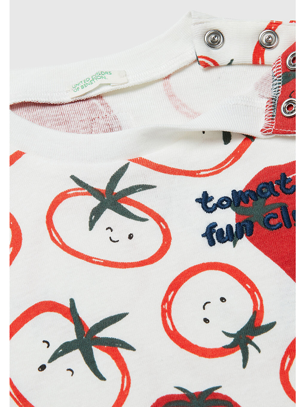 Ekru Bebek Krem Omzu Gizli Çıtçıtlı Domates Desenli Yuvarlak Yaka T-Shirt-2