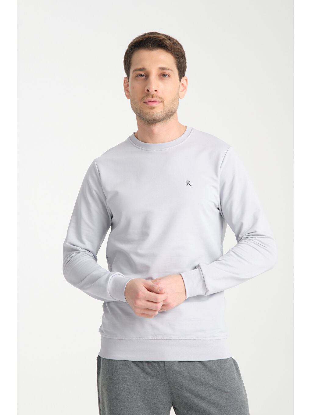 Gri Erkek Uzun Kol Bisiklet Yaka Sweatshirt 3206-1