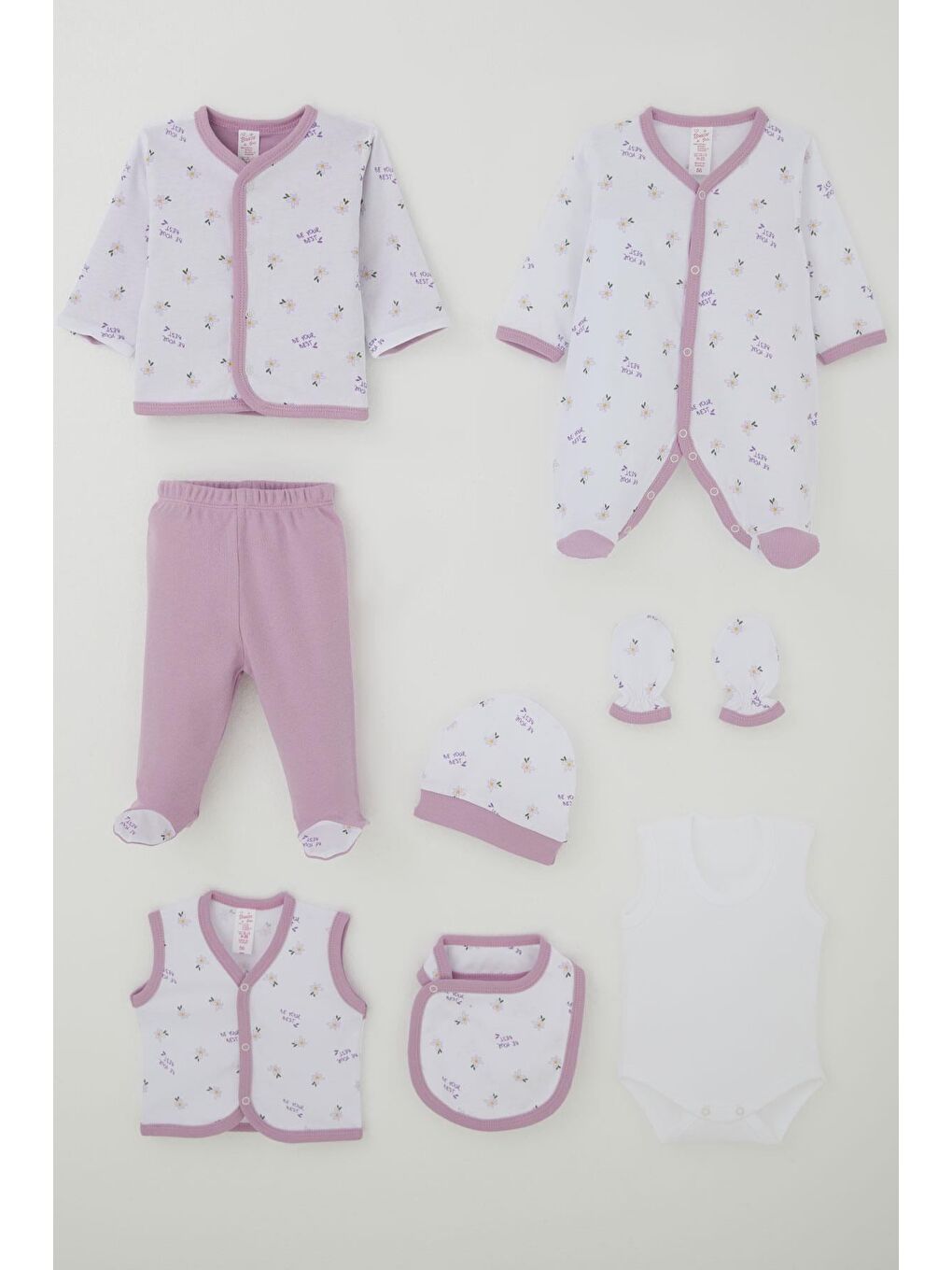 Kız Bebek Hastane Çıkışı 8 Li Çiçek & Yazı Desenli Beyaz (0-3 Ay)