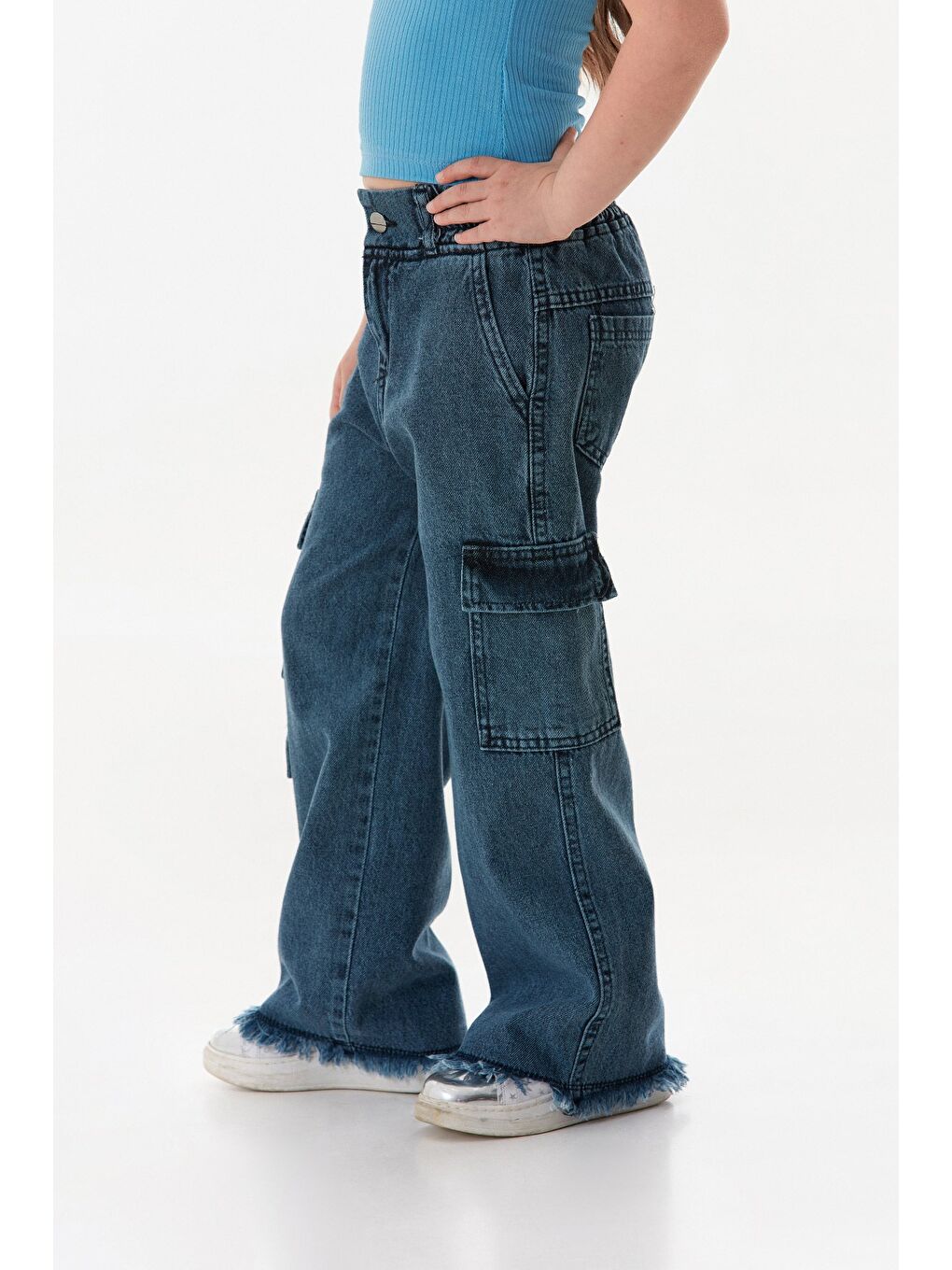 Mavi Kargo Cepli Paçası Püsküllü Kız Çocuk Pantolon-1