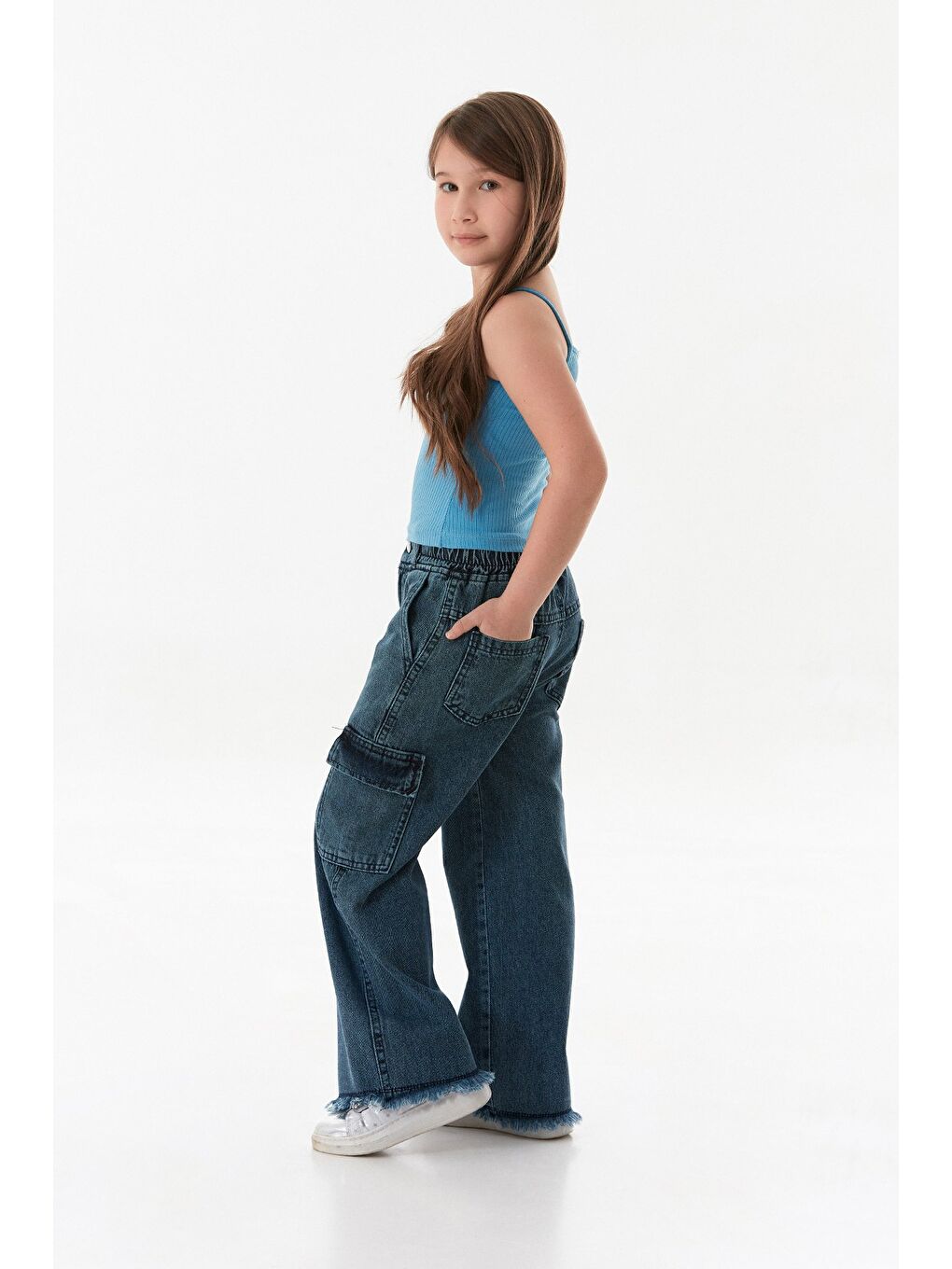Mavi Kargo Cepli Paçası Püsküllü Kız Çocuk Pantolon-4