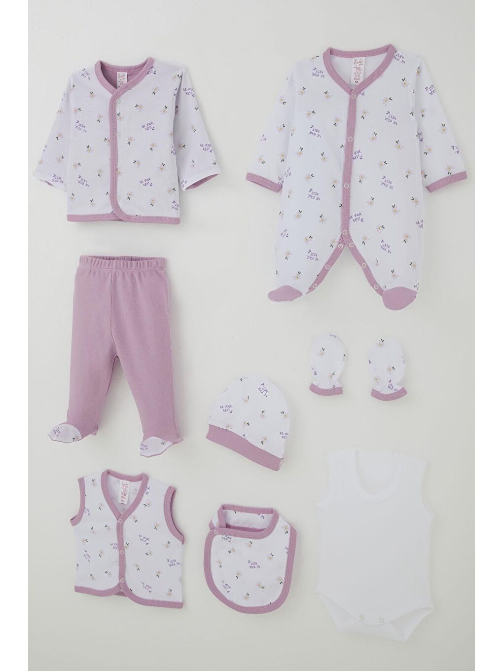 Kız Bebek Hastane Çıkışı 8 Li Çiçek & Yazı Desenli Beyaz (0-3 Ay)-1