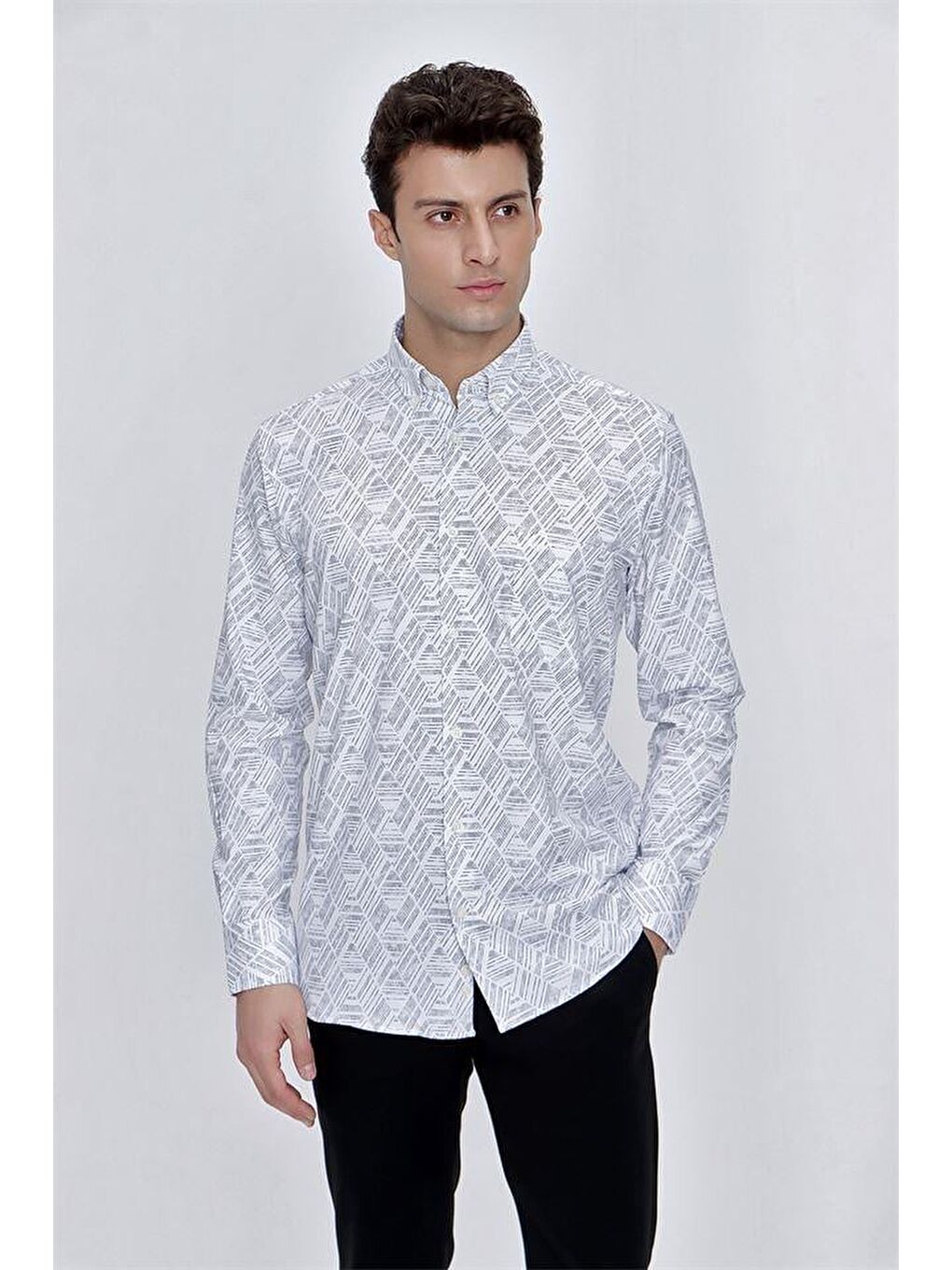 Gri Uzun Kol Baskılı Düğmeli Yaka Cepli Comfort Fit Rahat Kesim Klasik Gömlek 1004225201